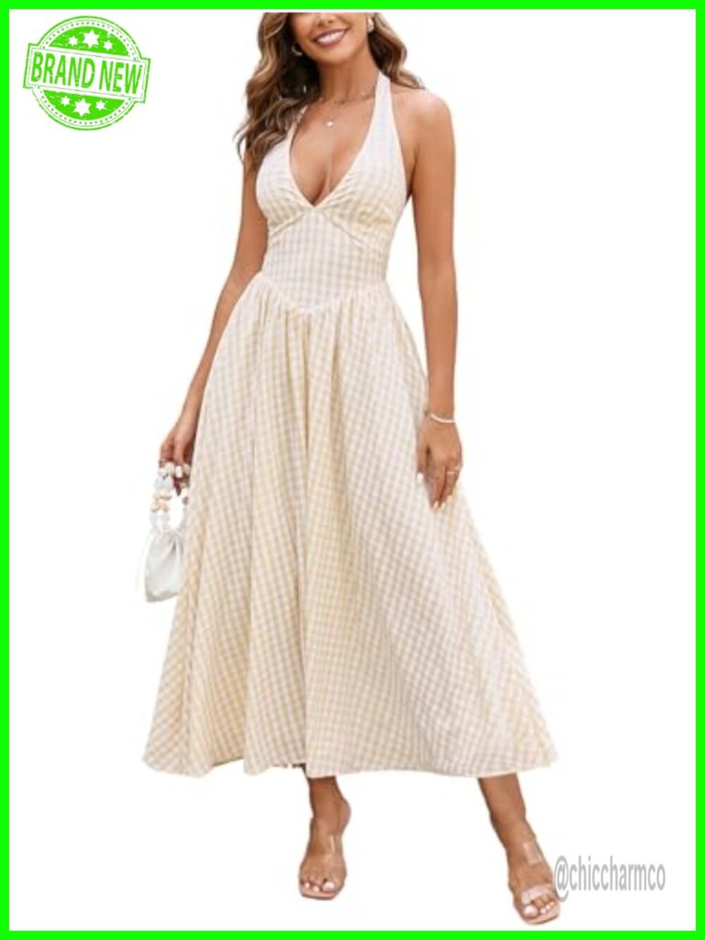 Gingham Halter Corset Midi Dress Backless Smocked Summer Wedding